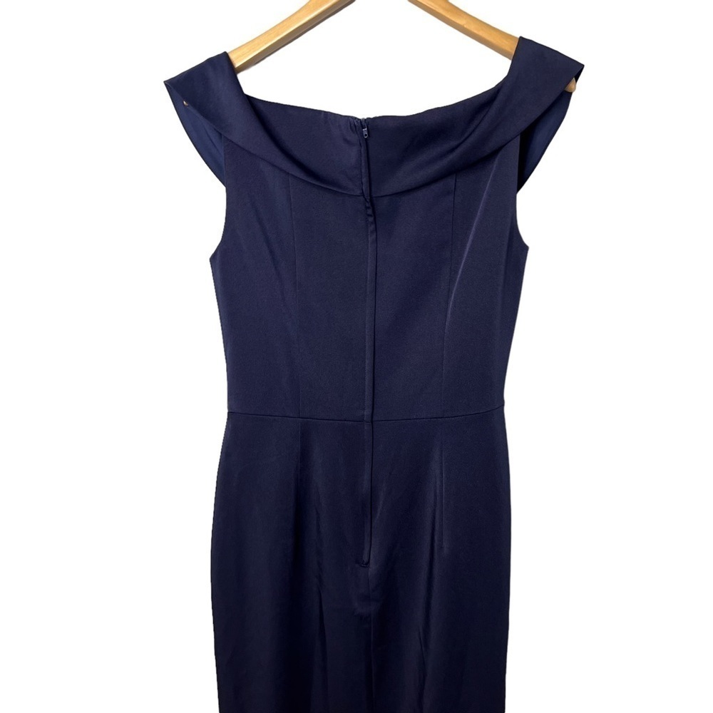 La Femme Surplice Off The Shoulder Column Gown Navy Blue Size 10 Pleaded Bodice - Picture 4 of 8